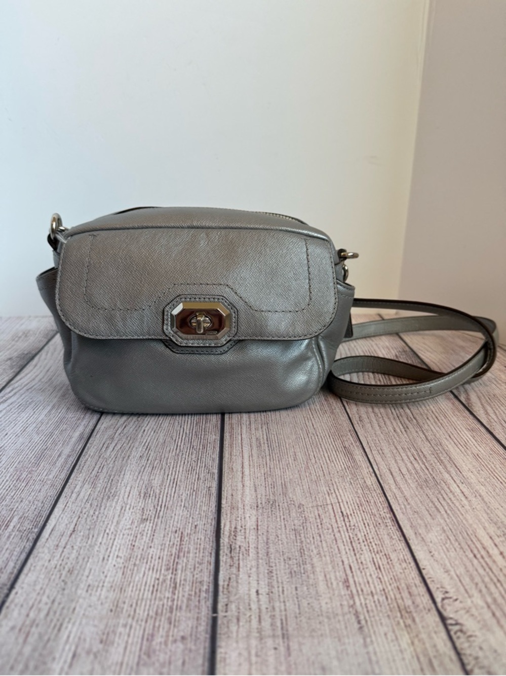 COACH Campbell Turnlock Camera Crossbody Metallic Silver Bag